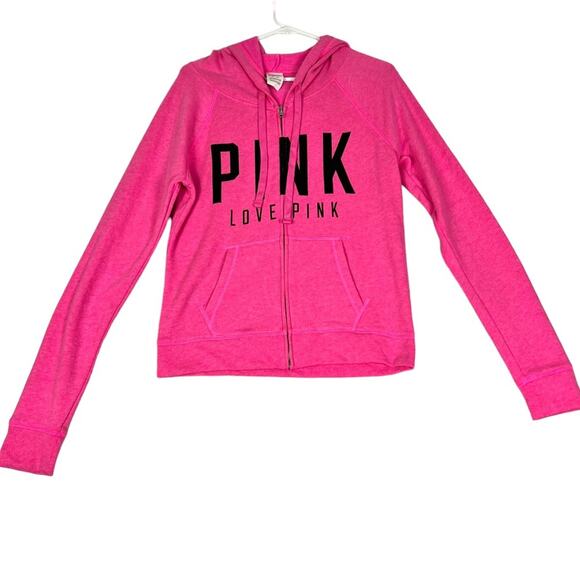 Love Pink Victoria Secret Hoodie Sweater Womens M Pink Drawstring Zip Front - Picture 1 of 9